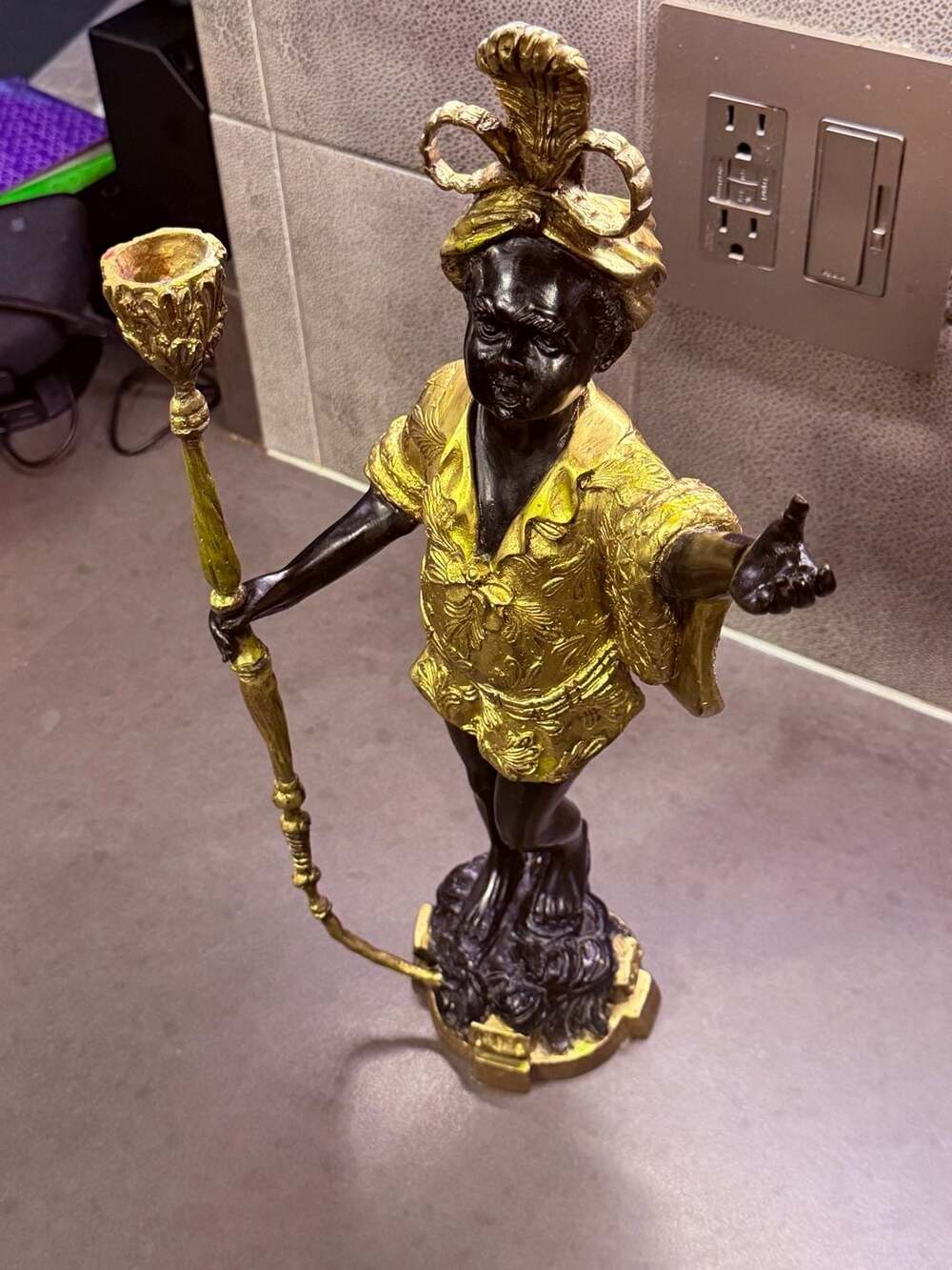 Vintage Bronze Brass Blackamoor Statue Torchiere Right Candle Holder African Wom